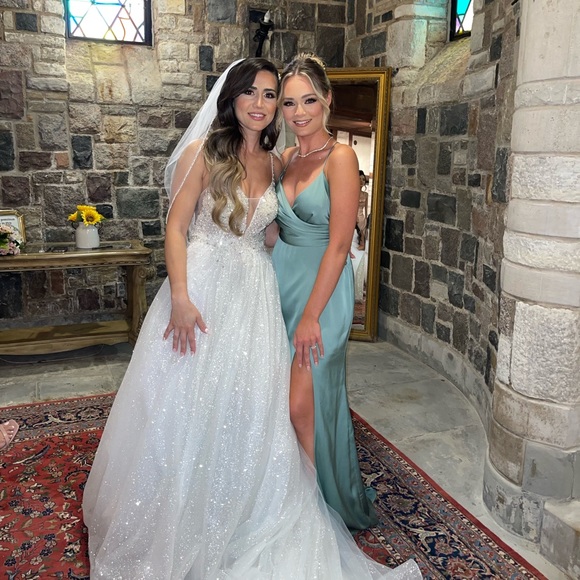 Draped Split Gown in Matte Sage Green - Picture 7 of 7